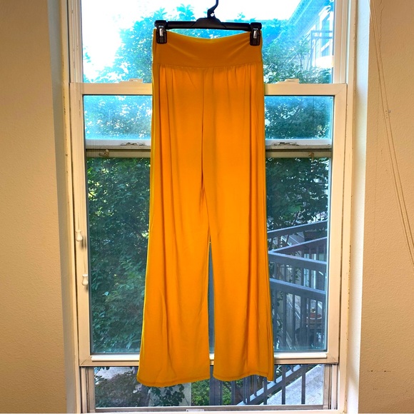 Azules Office Mustard Yellow Stretchy Knit Palazzo Career Pants small - Picture 2 of 2